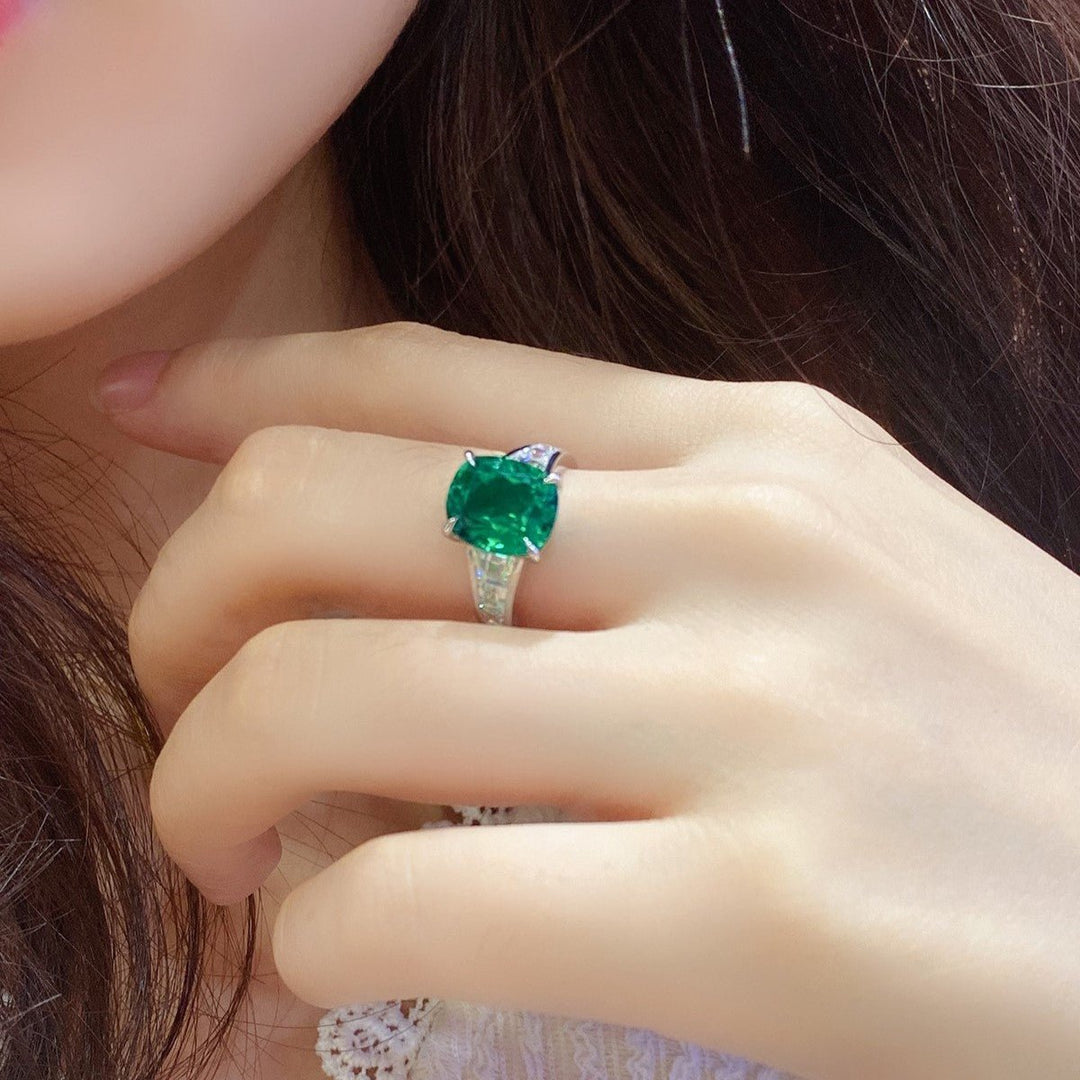3.5 Ct Cushion Shape Lab Emerald Four Prongs Graduating Pave Engagement Ring - LGG Jewelry