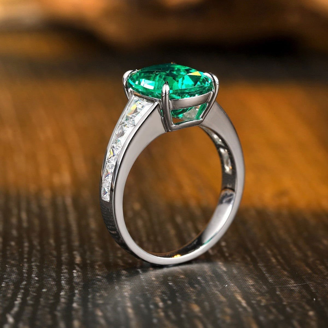 3.5 Ct Cushion Shape Lab Emerald Four Prongs Graduating Pave Engagement Ring - LGG Jewelry