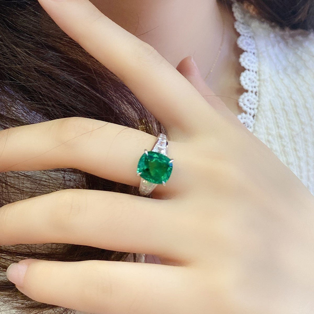 3.5 Ct Cushion Shape Lab Emerald Four Prongs Graduating Pave Engagement Ring - LGG Jewelry