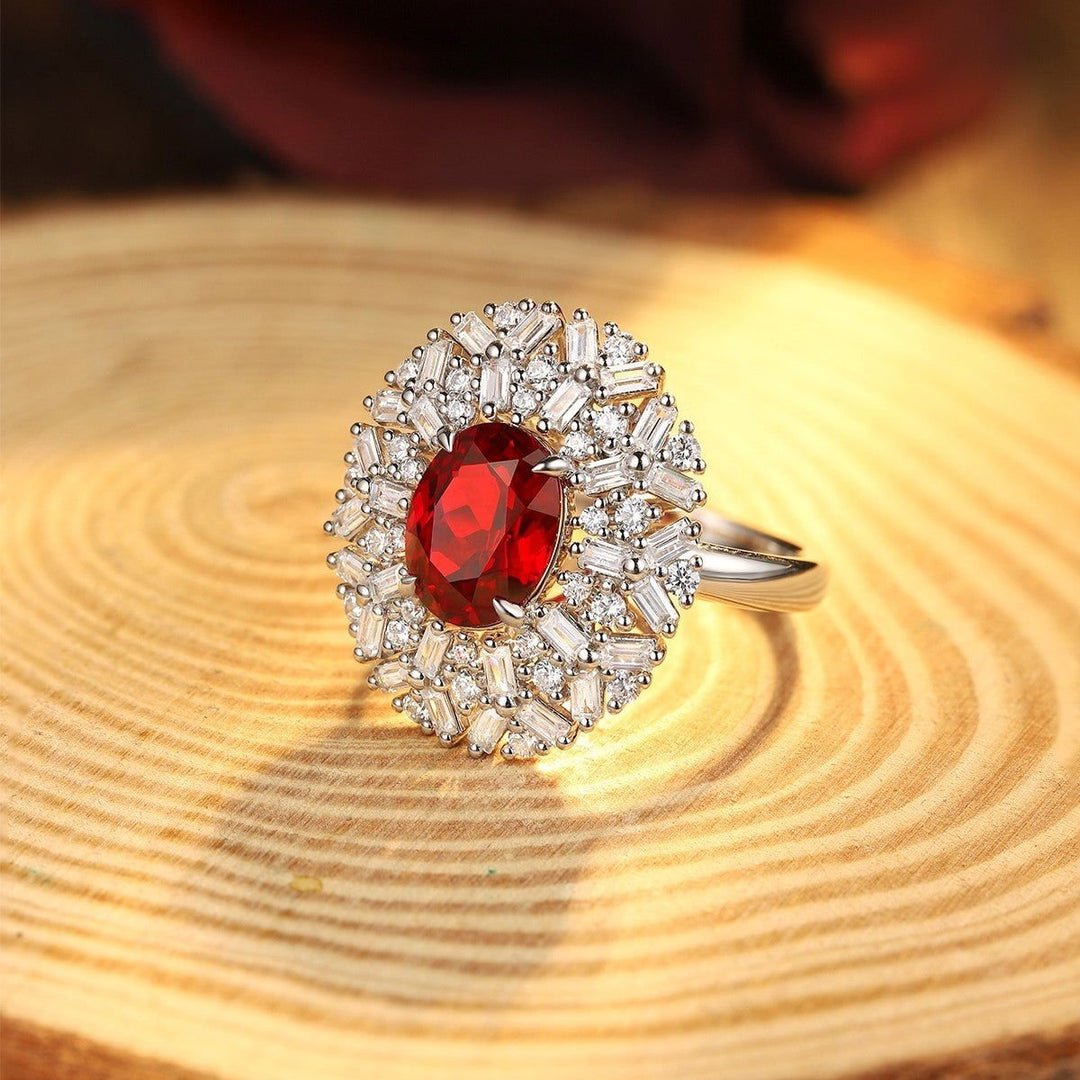 3.66 Ct Oval Cut Lab Ruby Art Deco Inspired Engagement Ring - LGG Jewelry
