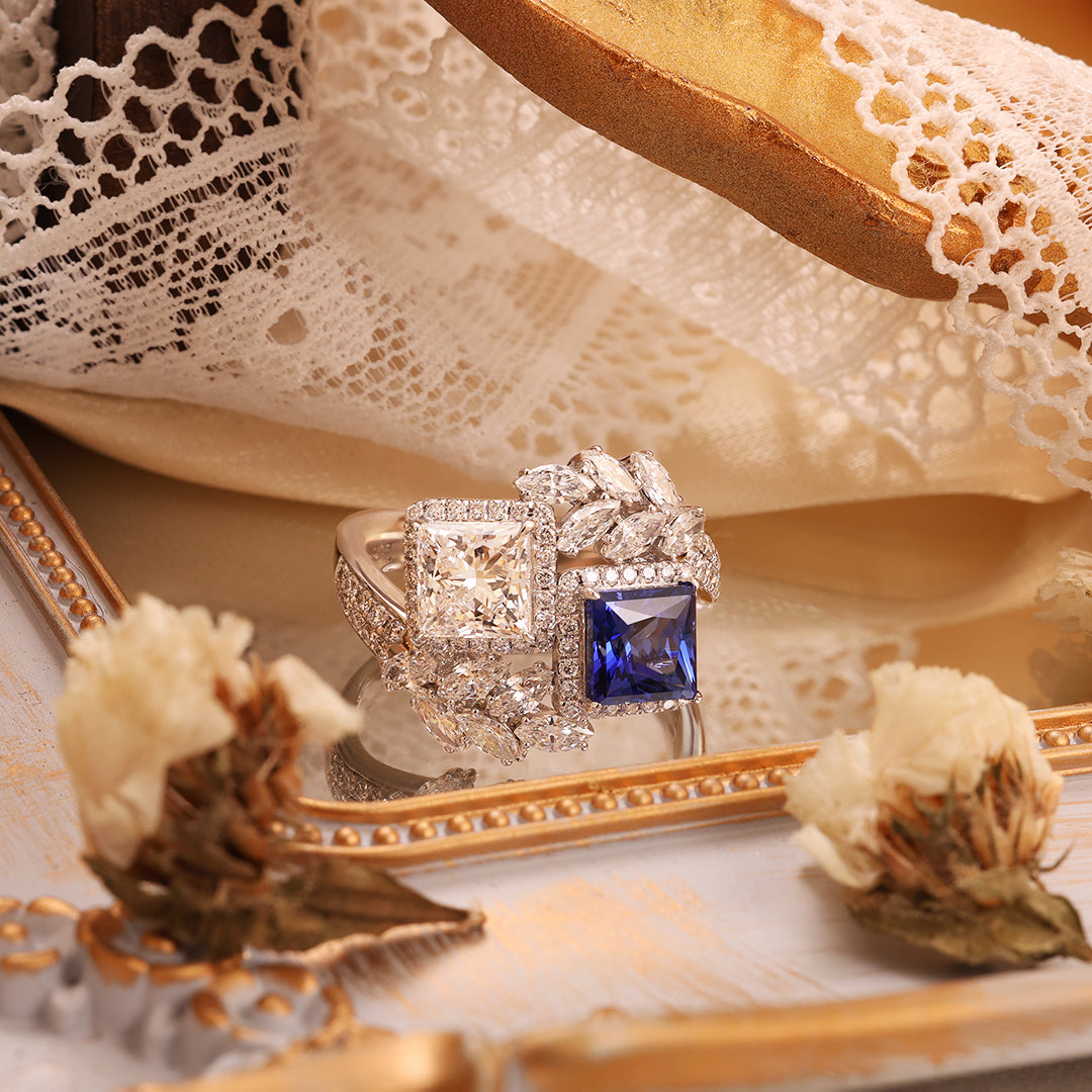 Luxurious Leafy 1.5 CT Princess Cut Lab Diamond & Blue Lab Sapphire Toi Et Moi Engagement Ring