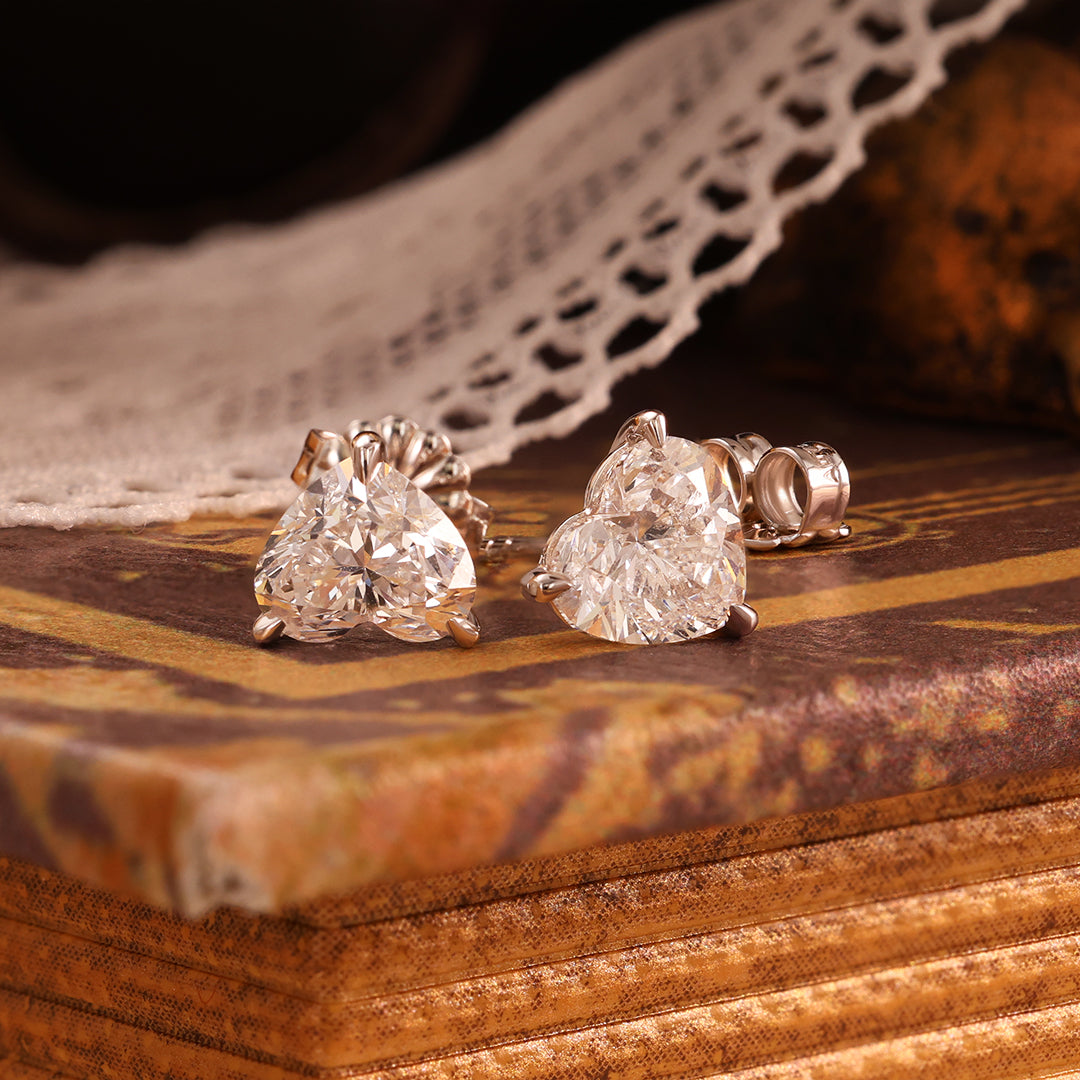 Classic Heart Shape Lab Diamond Three Prongs Ear Studs