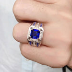 Charger l&#39;image dans la visionneuse de galerie, 3 Ct Asscher Cut Lab Blue Sapphire Cluster Wedding Ring For Men - LGG Jewelry

