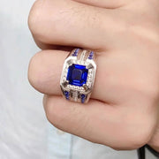 3 Ct Asscher Cut Lab Blue Sapphire Cluster Wedding Ring For Men - LGG Jewelry