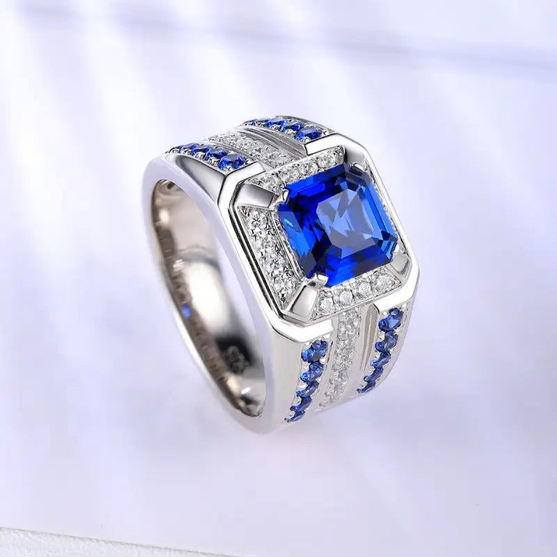3 Ct Asscher Cut Lab Blue Sapphire Cluster Wedding Ring For Men - LGG Jewelry