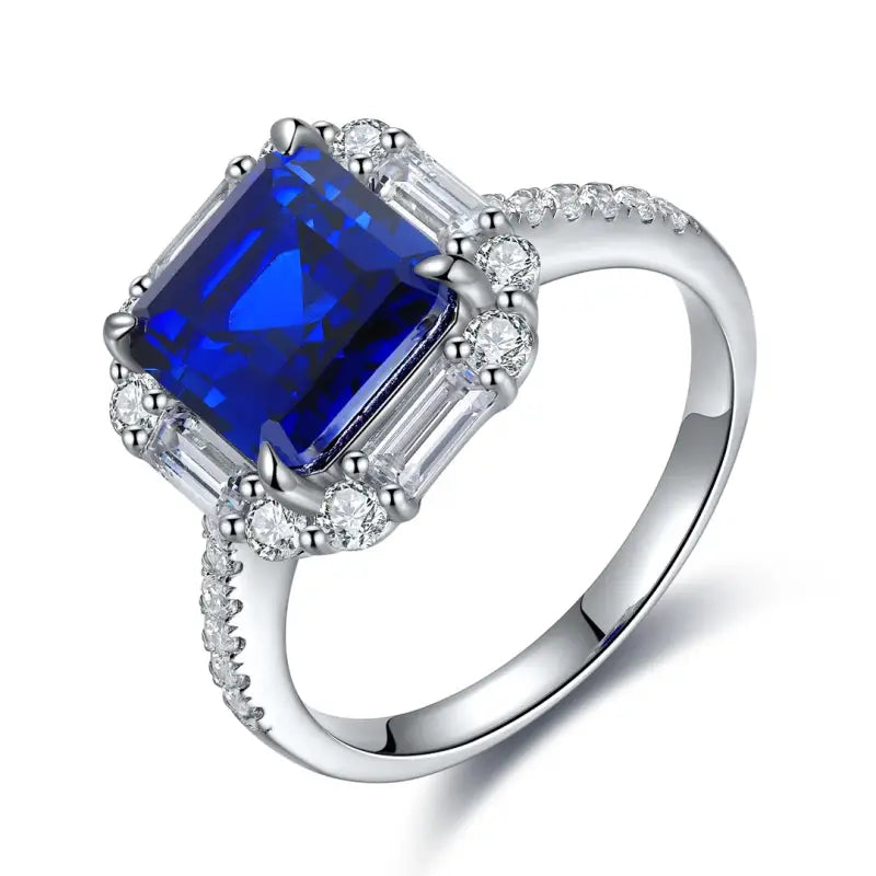 3 Ct Asscher Cut Lab Blue Sapphire Engagement Ring - LGG Jewelry