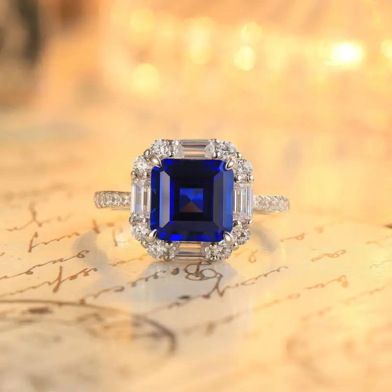 3 Ct Asscher Cut Lab Blue Sapphire Engagement Ring - LGG Jewelry