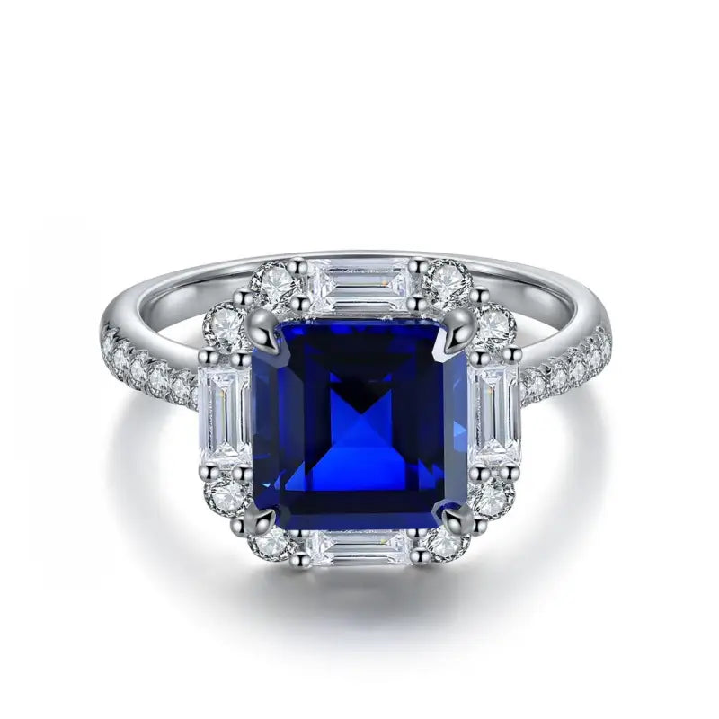 3 Ct Asscher Cut Lab Blue Sapphire Engagement Ring - LGG Jewelry