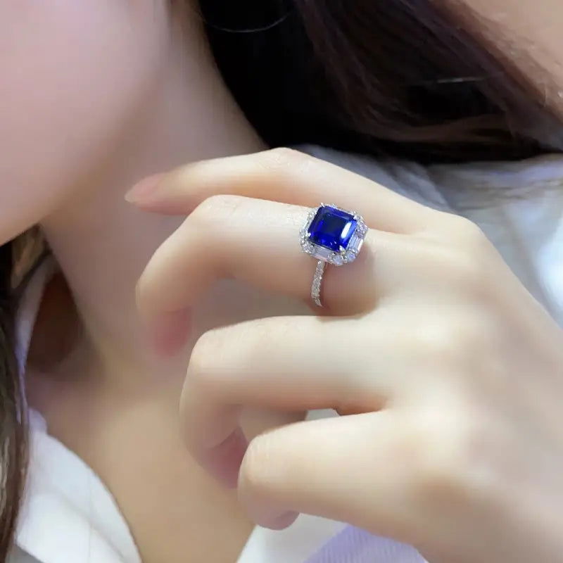 3 Ct Asscher Cut Lab Blue Sapphire Engagement Ring - LGG Jewelry