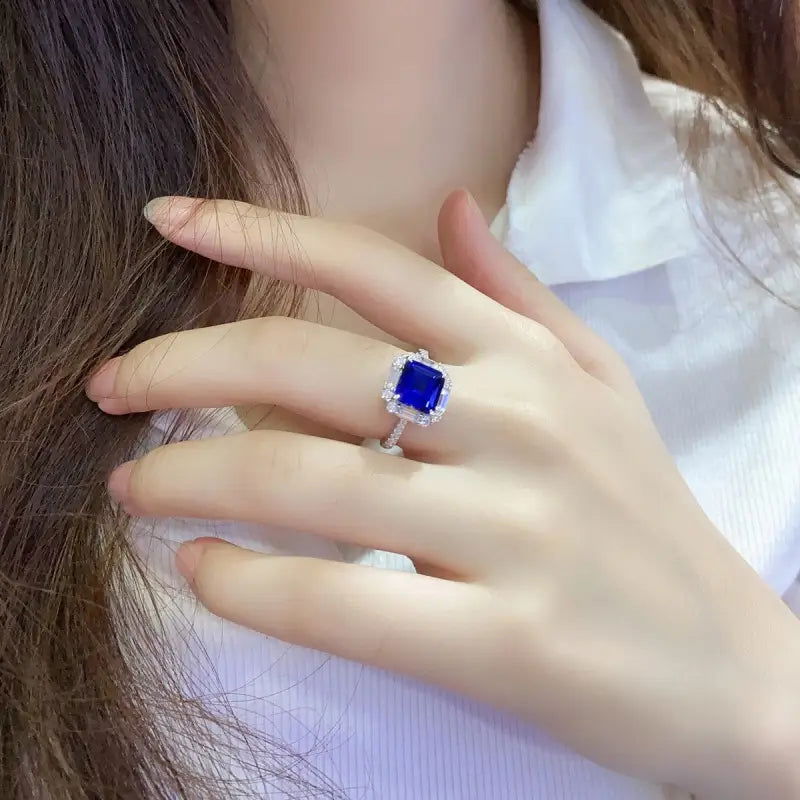 3 Ct Asscher Cut Lab Blue Sapphire Engagement Ring - LGG Jewelry