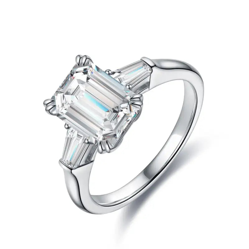 3 Ct Emerald Cut Lab Diamond Three-Stone Engagement Ring with two Tapered Baguette - LGG Jewelry