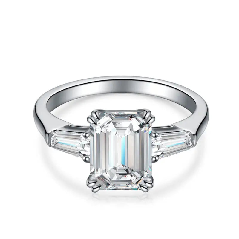 3 Ct Emerald Cut Lab Diamond Three-Stone Engagement Ring with two Tapered Baguette - LGG Jewelry