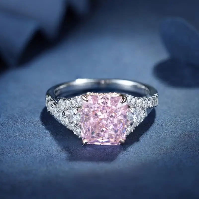 3 Ct Fancy Light Pink Radiant Lab Diamond & 2 Pear Side Stones Half Pave Engagement Ring (Setting Price Only) - LGG Jewelry