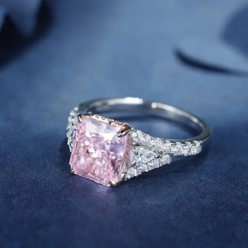 3 Ct Fancy Light Pink Radiant Lab Diamond & 2 Pear Side Stones Half Pave Engagement Ring (Setting Price Only) - LGG Jewelry