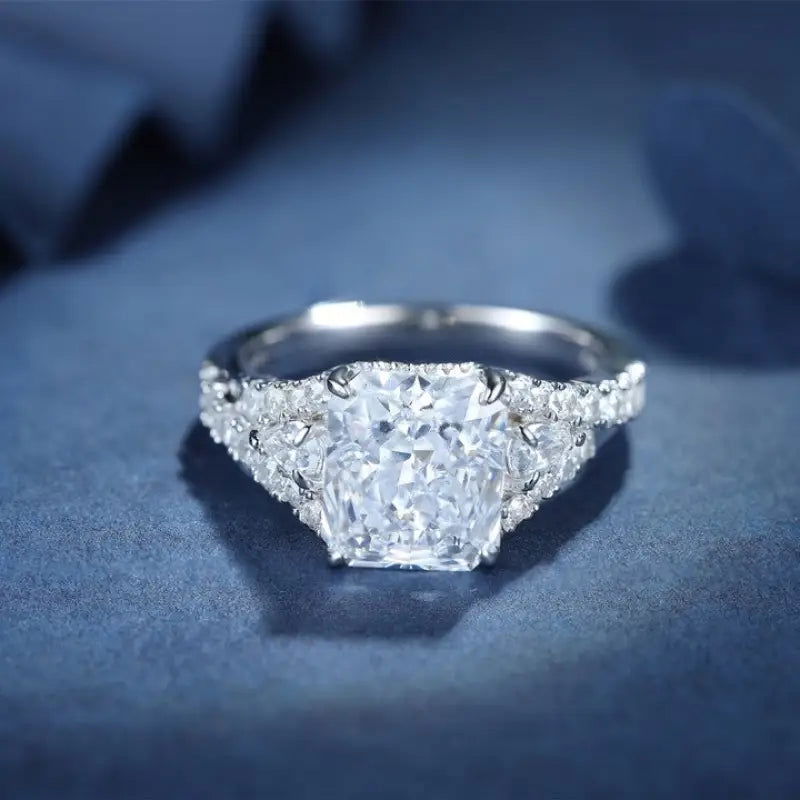 3 Ct Radiant Lab Diamond & 2 Pear Side Stones Half Pave Engagement Ring - LGG Jewelry