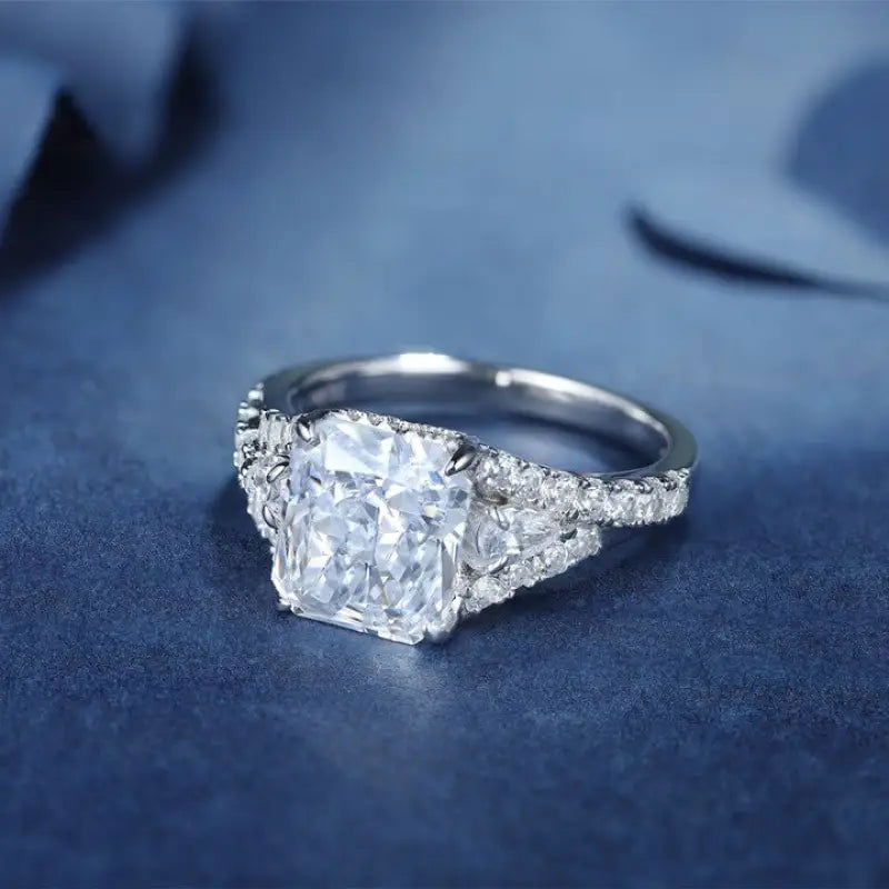 3 Ct Radiant Lab Diamond & 2 Pear Side Stones Half Pave Engagement Ring - LGG Jewelry