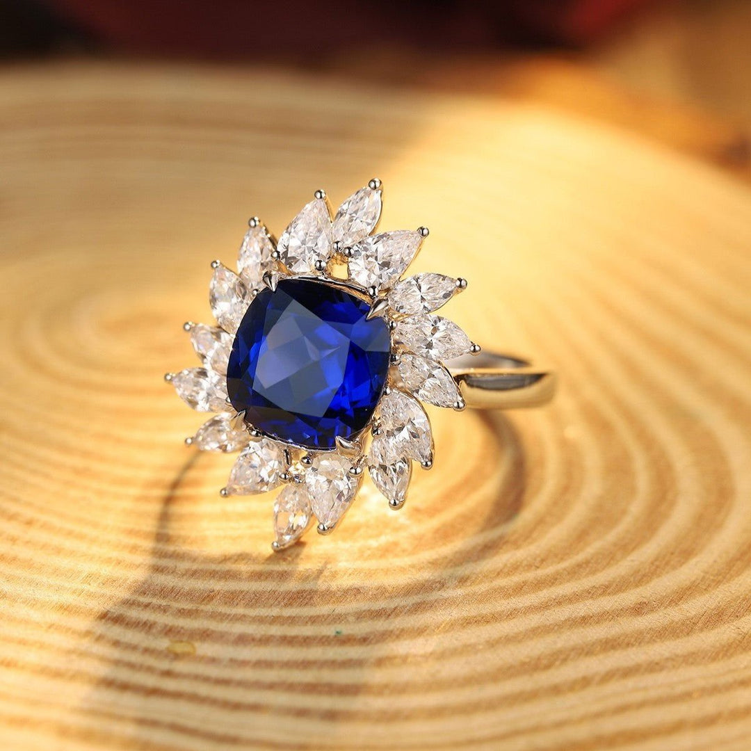 4 Ct Cushion Cut Lab Blue Sapphire Pear Cluster Engagement Ring - LGG Jewelry