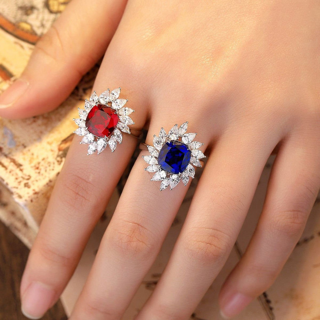 4 Ct Cushion Cut Lab Blue Sapphire Pear Cluster Engagement Ring - LGG Jewelry