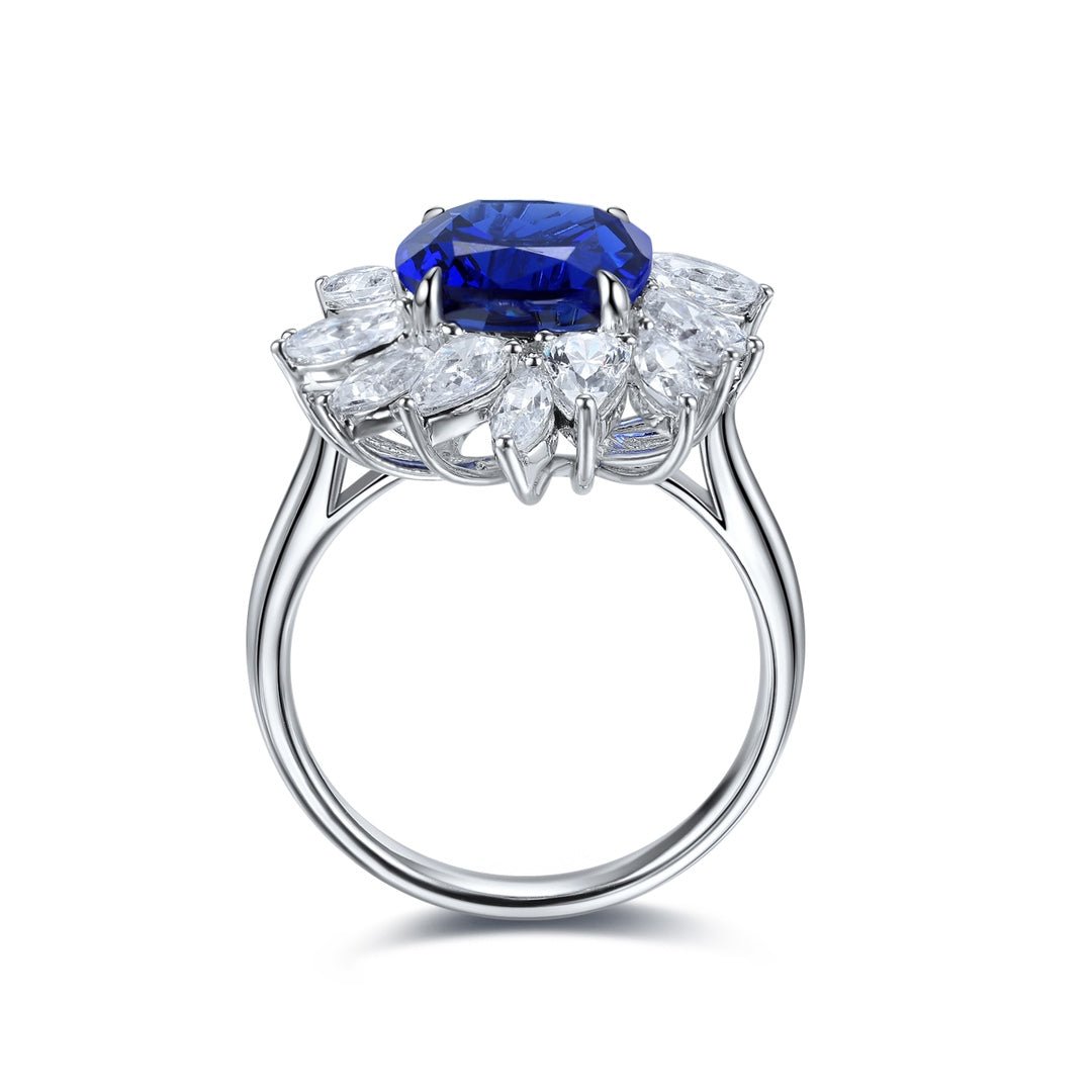 4 Ct Cushion Cut Lab Blue Sapphire Pear Cluster Engagement Ring - LGG Jewelry