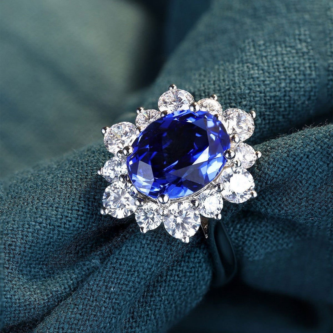 4 Ct Oval Cut Lab Blue Sapphire Cluster Engagement Ring - LGG Jewelry