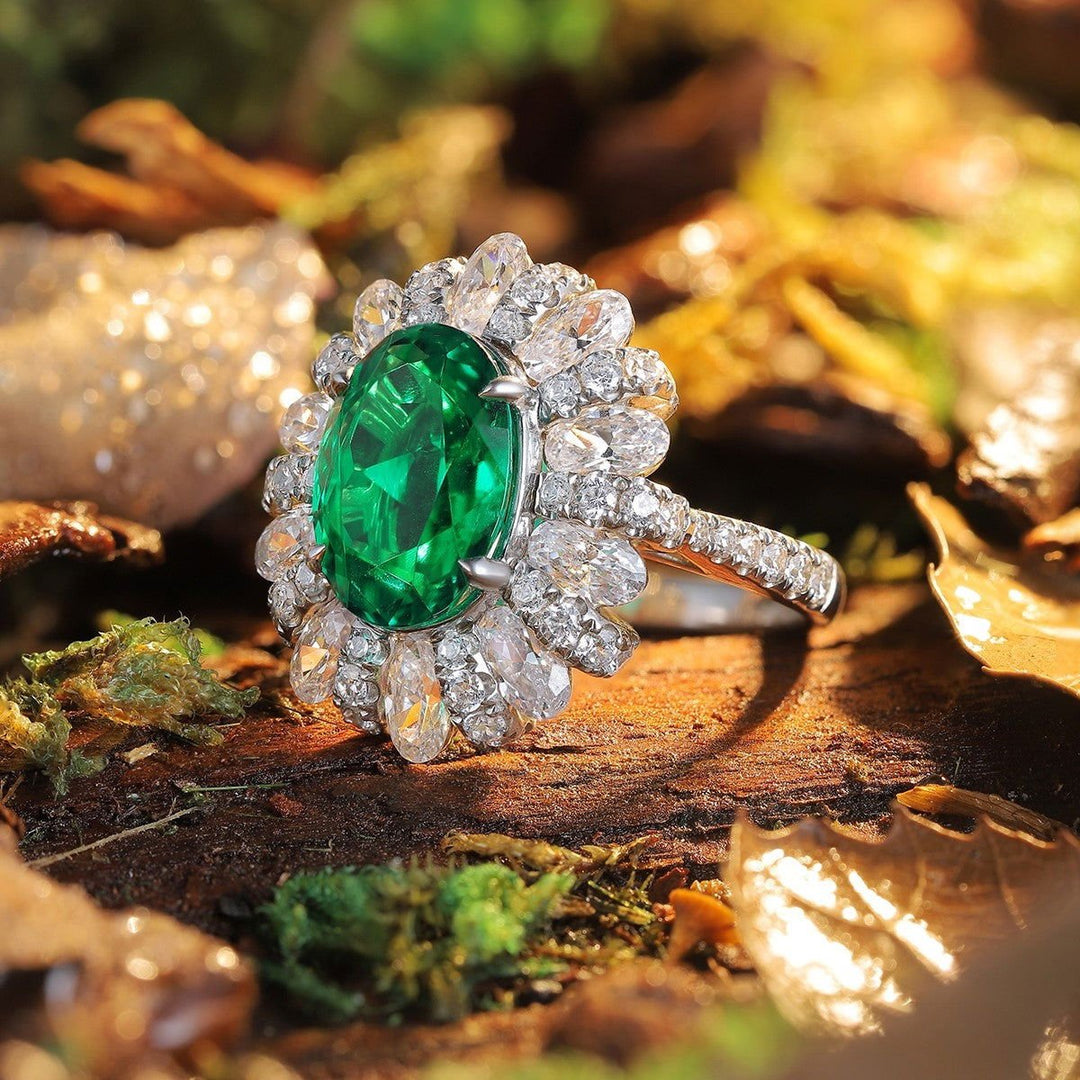 4 Ct Oval Cut Lab Emerald Cluster Engagement Ring - LGG Jewelry