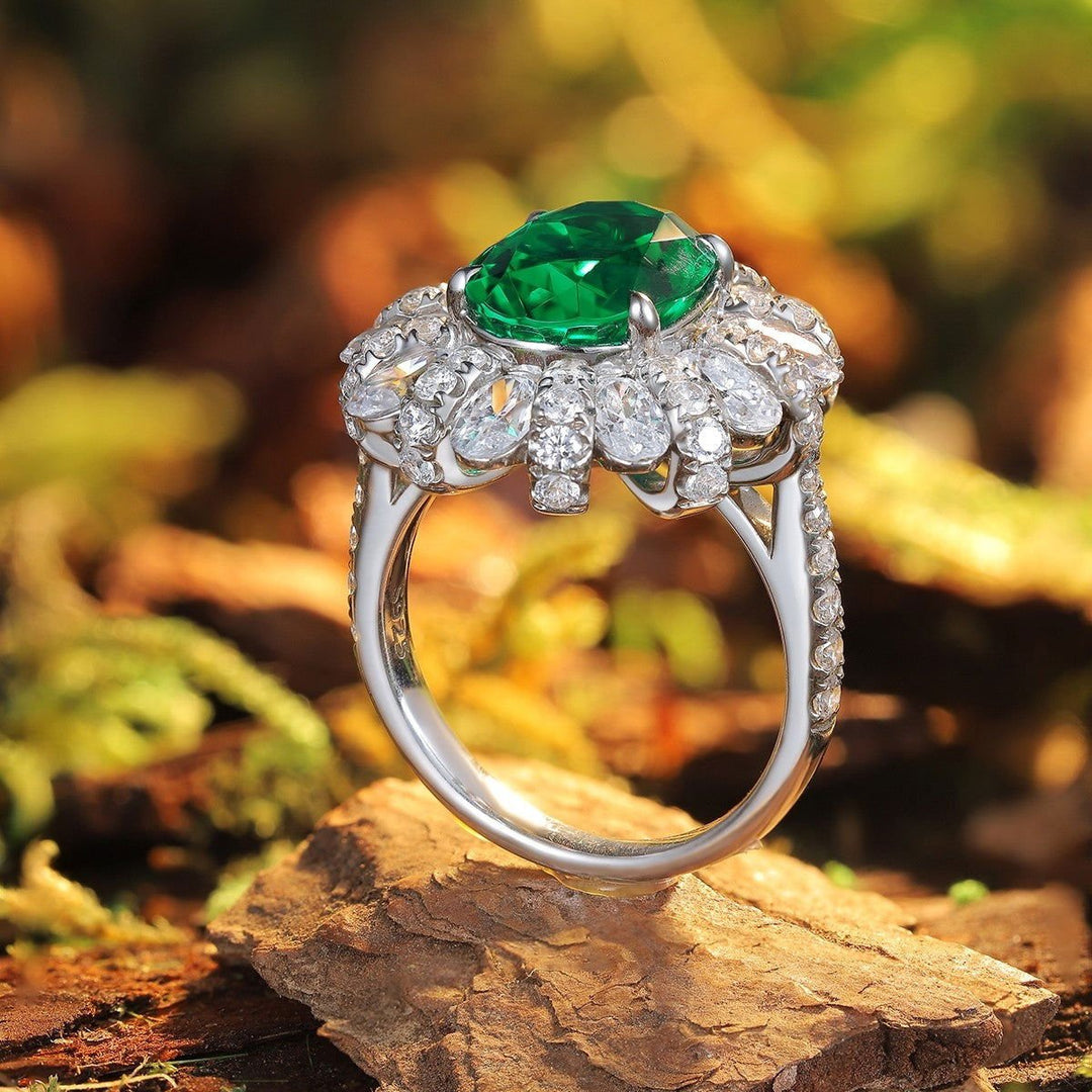 4 Ct Oval Cut Lab Emerald Cluster Engagement Ring - LGG Jewelry