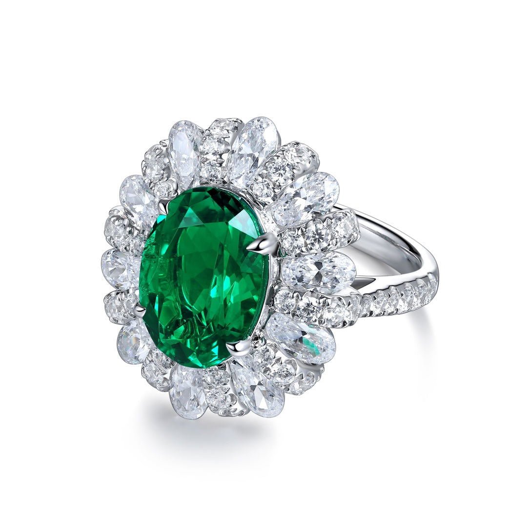4 Ct Oval Cut Lab Emerald Cluster Engagement Ring - LGG Jewelry