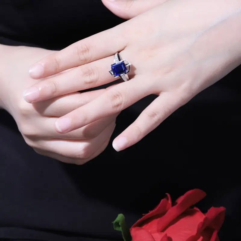 4.4 Ct Emerald Cut Lab Blue Sapphire Engagement Ring - LGG Jewelry