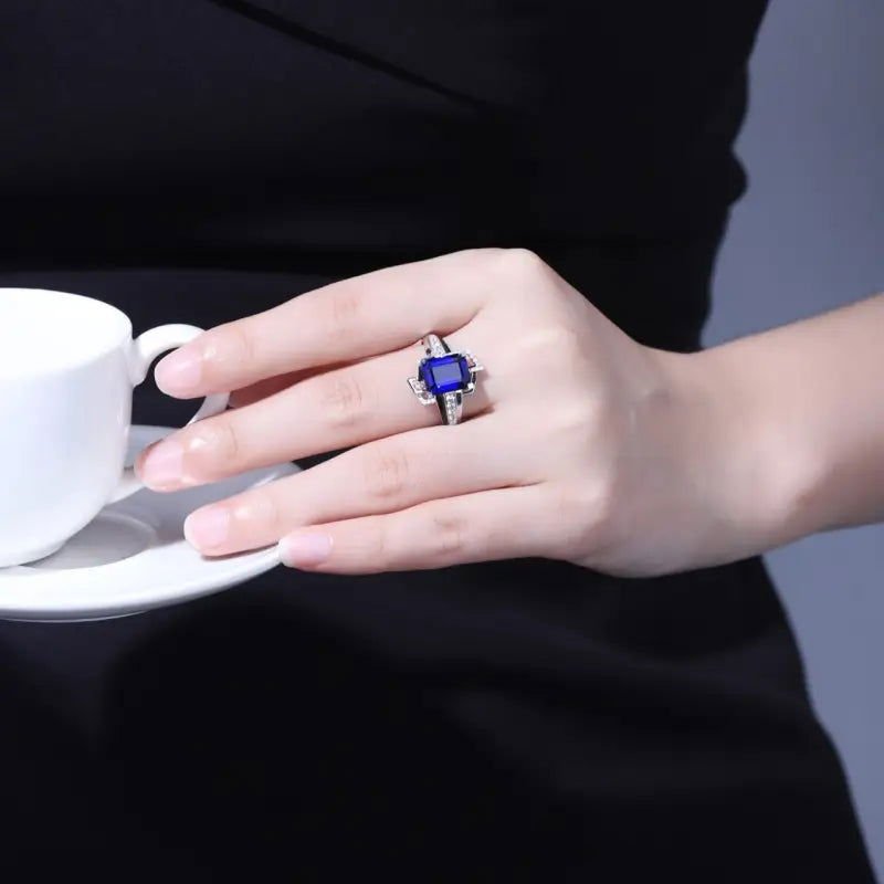 4.4 Ct Emerald Cut Lab Blue Sapphire Engagement Ring - LGG Jewelry