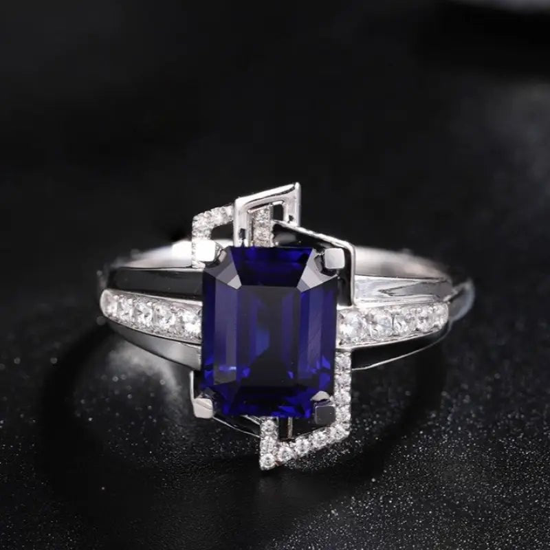4.4 Ct Emerald Cut Lab Blue Sapphire Engagement Ring - LGG Jewelry