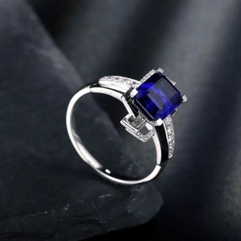 4.4 Ct Emerald Cut Lab Blue Sapphire Engagement Ring - LGG Jewelry
