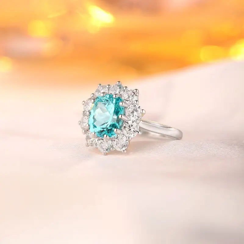 4.5 Ct Cushion Shape Lab Paraiba Halo Engagement Ring - LGG Jewelry