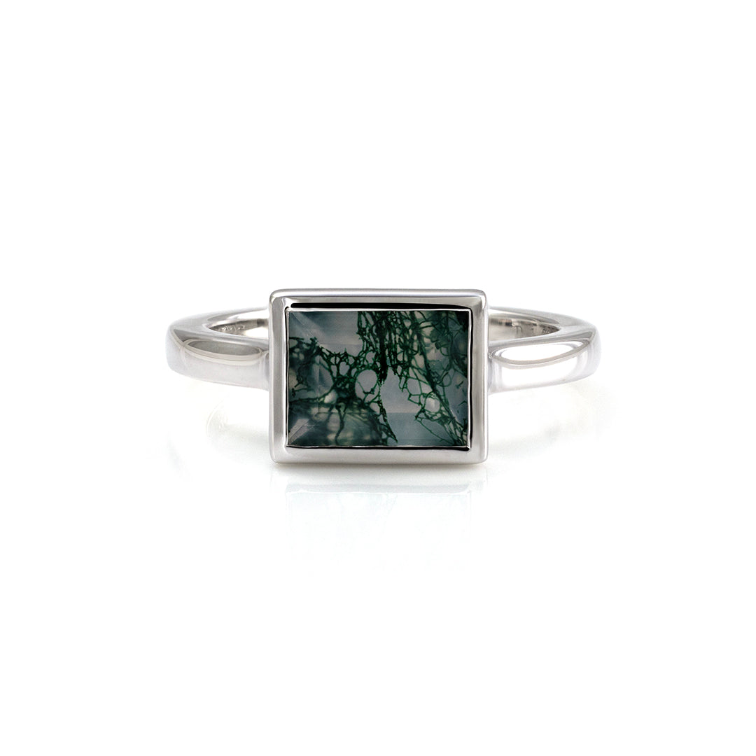 6*8mm Rectangular Moss Agate Solitaire Ring