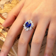 4 Ct Cushion Cut Lab Blue Sapphire Pear Cluster Engagement Ring - LGG Jewelry