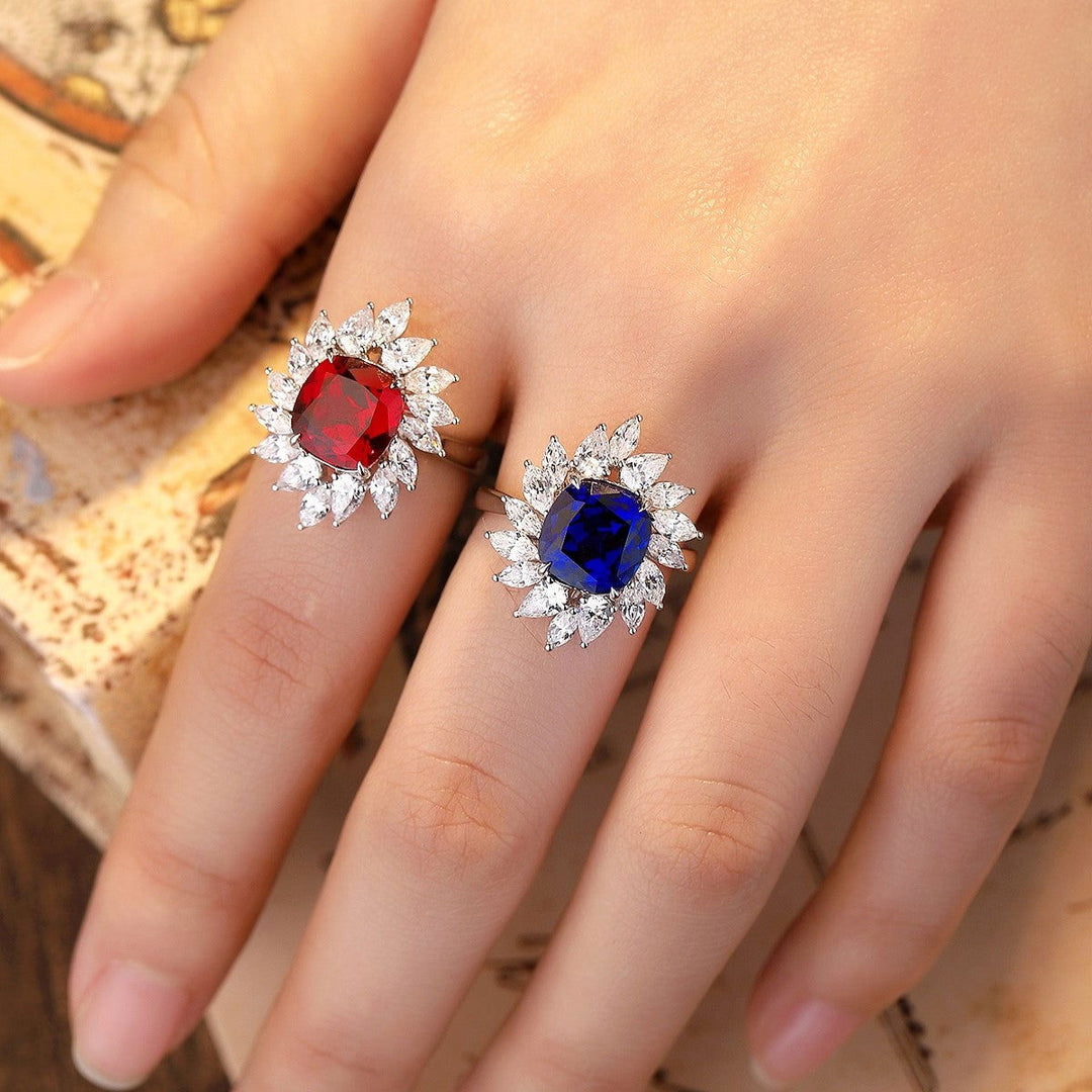 4 Ct Cushion Cut Lab Blue Sapphire Pear Cluster Engagement Ring - LGG Jewelry