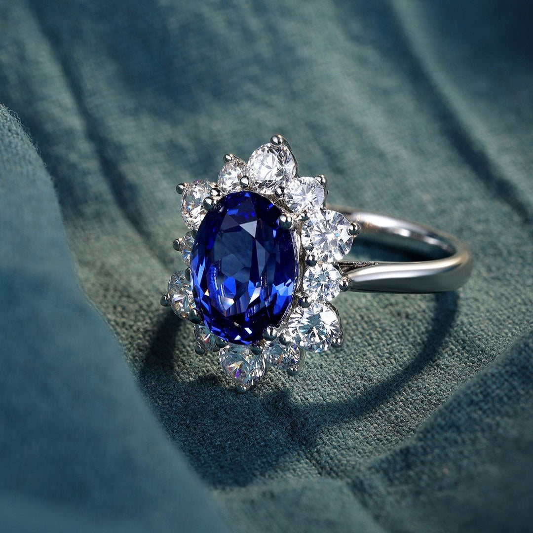 4 Ct Oval Cut Lab Blue Sapphire Cluster Engagement Ring - LGG Jewelry
