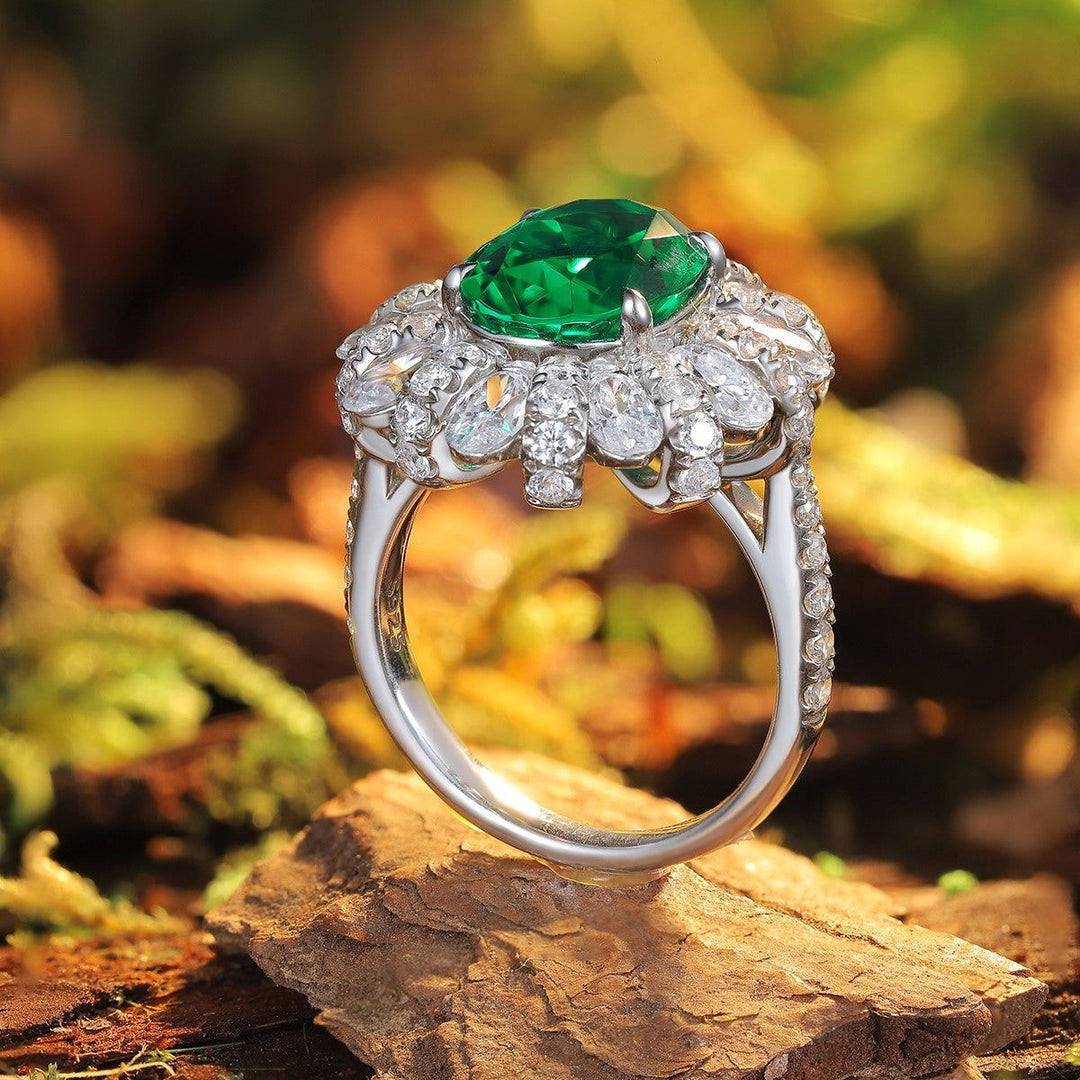 4 Ct Oval Cut Lab Emerald Cluster Engagement Ring - LGG Jewelry