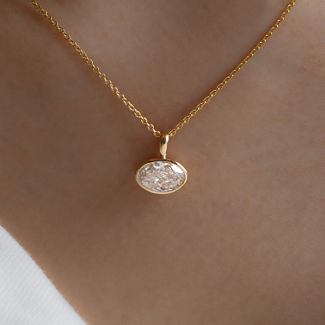 East-west 2 Ct Oval Cut Lab Diamond Bezel Pendant Necklace