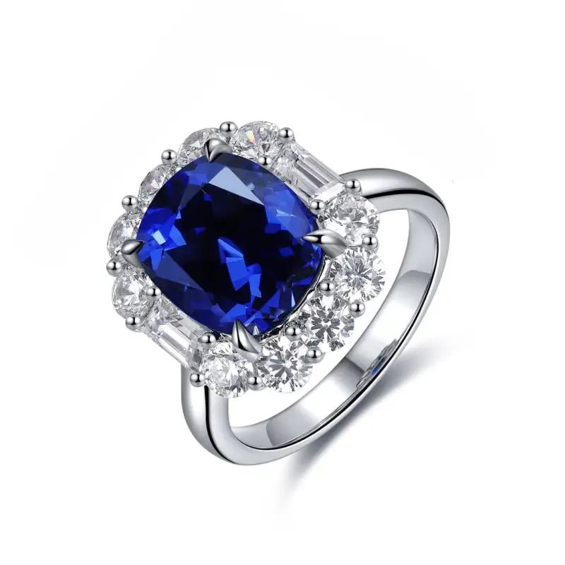5 Ct Cushion Cut Lab Blue Sapphire Halo Engagement Ring - LGG Jewelry