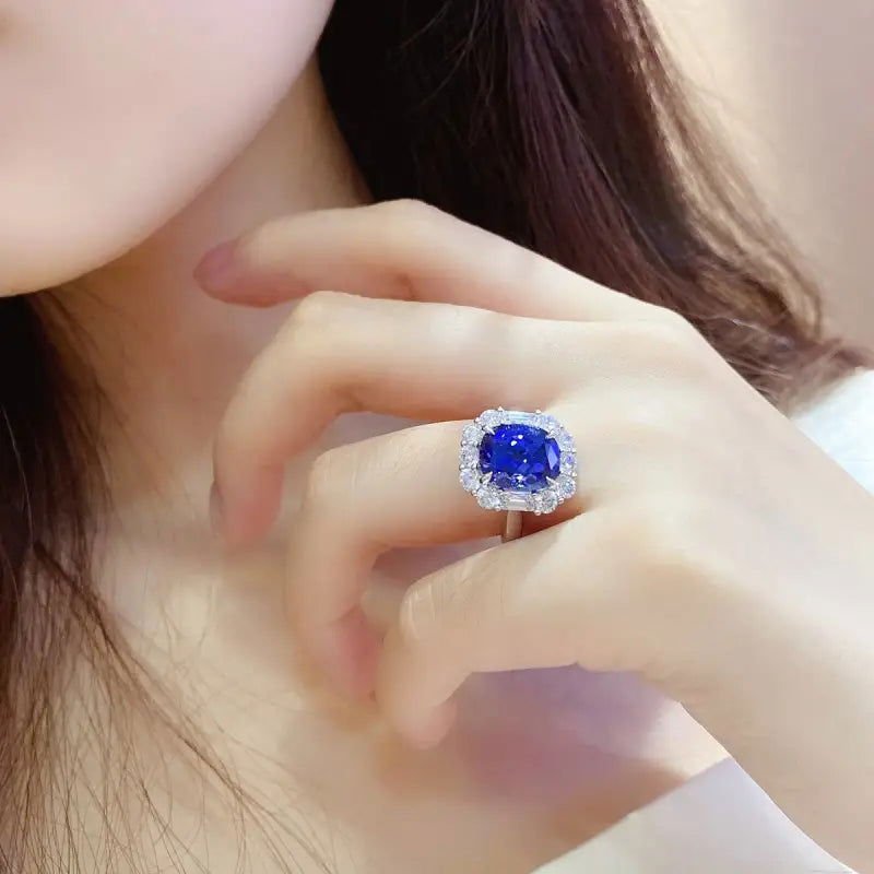 5 Ct Cushion Cut Lab Blue Sapphire Halo Engagement Ring - LGG Jewelry