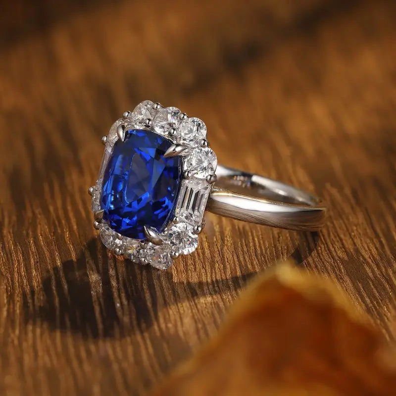 5 Ct Cushion Cut Lab Blue Sapphire Halo Engagement Ring - LGG Jewelry