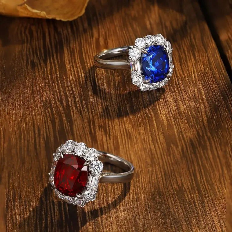 5 Ct Cushion Cut Lab Blue Sapphire Halo Engagement Ring - LGG Jewelry