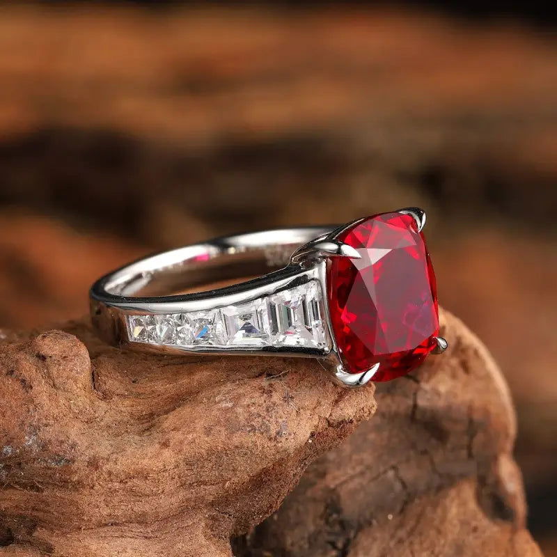 5.3 Ct Cushion Shape Lab Ruby Four Prongs Half Graduating Channel Engagement Ring - LGG Jewelry