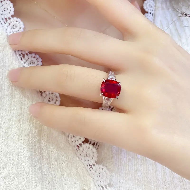 5.3 Ct Cushion Shape Lab Ruby Four Prongs Half Graduating Channel Engagement Ring - LGG Jewelry