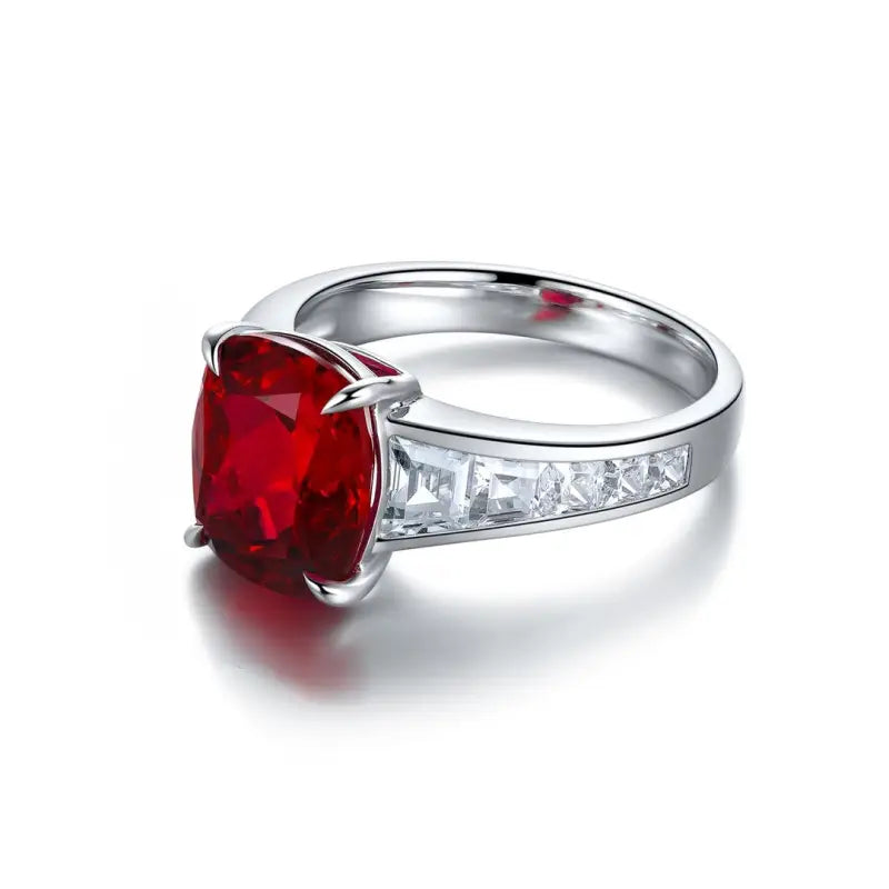 5.3 Ct Cushion Shape Lab Ruby Four Prongs Half Graduating Channel Engagement Ring - LGG Jewelry