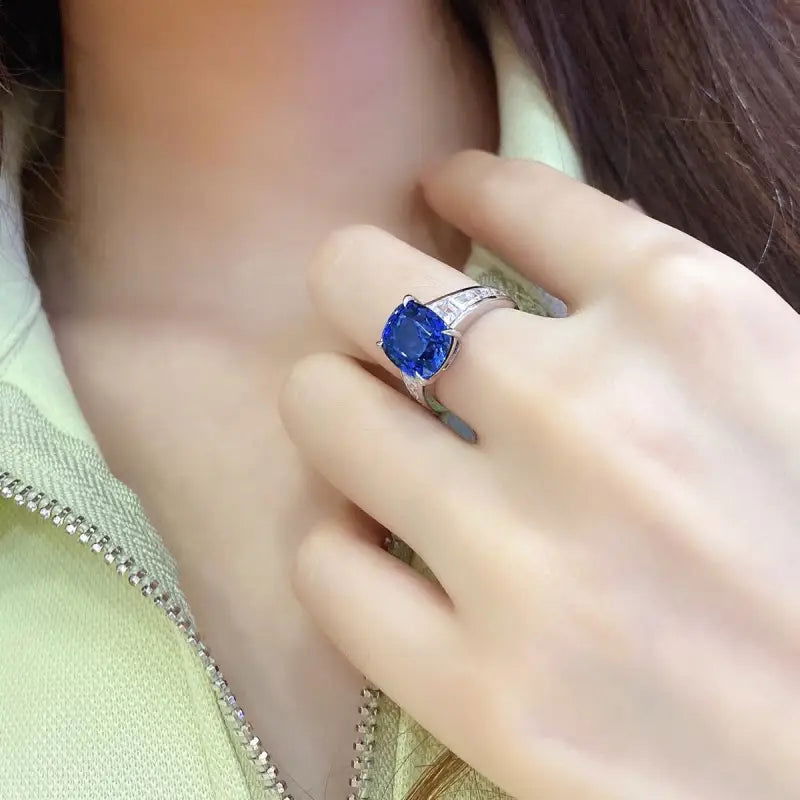 5.5 Ct Cushion Shape Lab Blue Sapphire Four Prongs Half Graduating Channel Engagement Ring - LGG Jewelry