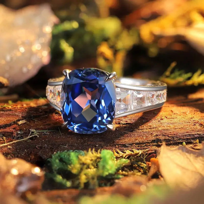 5.5 Ct Cushion Shape Lab Blue Sapphire Four Prongs Half Graduating Channel Engagement Ring - LGG Jewelry