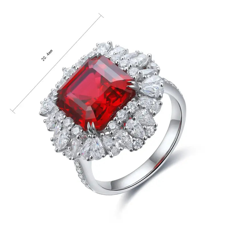 5.9 Ct Asscher Cut Lab Ruby Cluster Engagement Ring - LGG Jewelry
