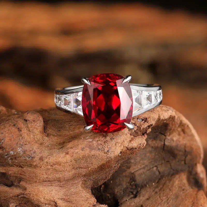 5.3 Ct Cushion Shape Lab Ruby Four Prongs Half Graduating Channel Engagement Ring - LGG Jewelry