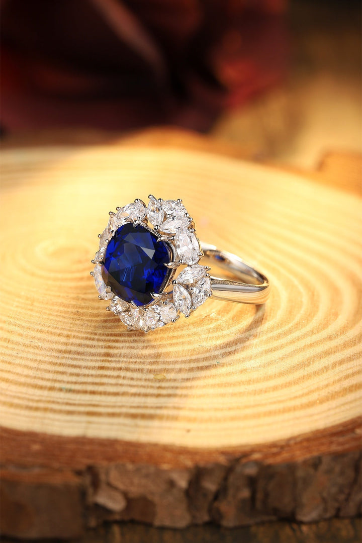 5.5 Ct Cushion Cut Lab Blue Sapphire Cluster Engagement Ring - LGG Jewelry